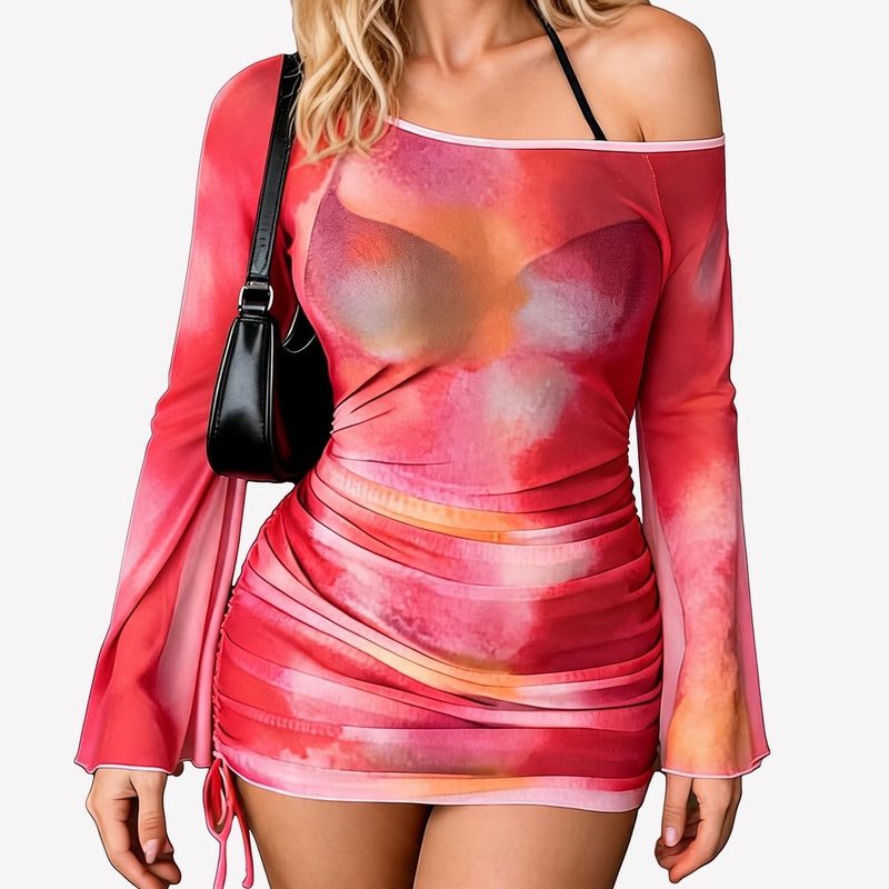 Pink/red gradient off-shoulder sheer mesh bodycon mini dress with long bell sleeves