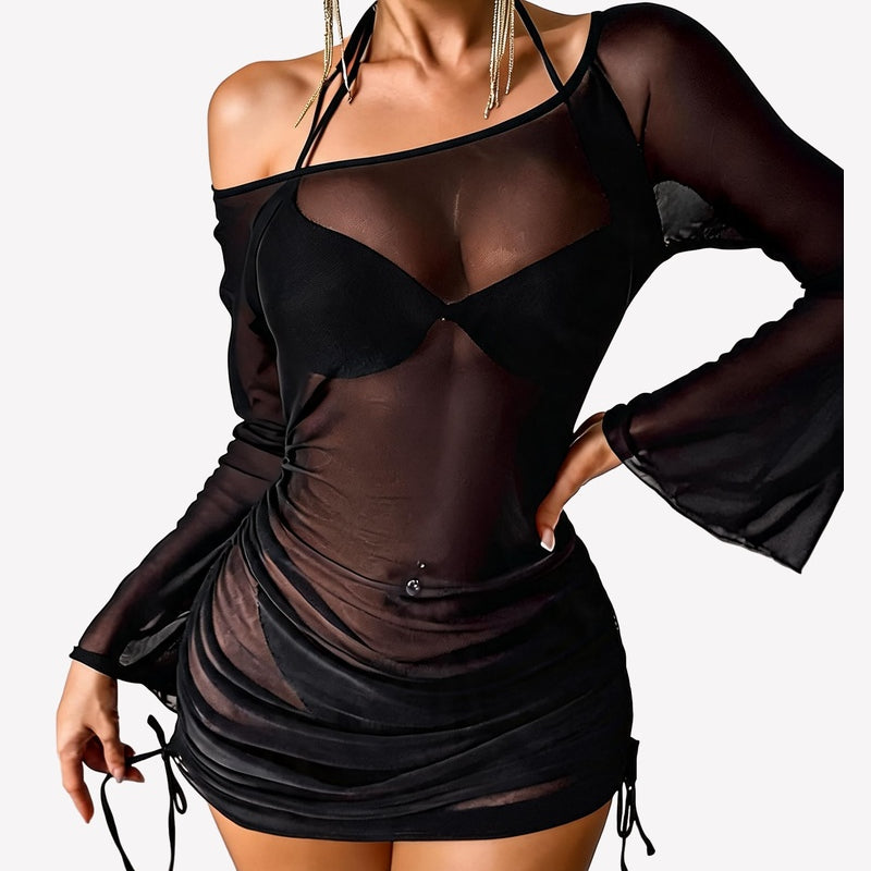 Black off-shoulder sheer mesh bodycon mini dress with long flared sleeves and ruching