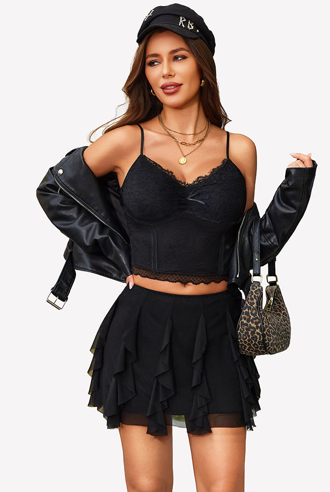 Black layered ruffle mini skirt with tiered flounces and elastic waist