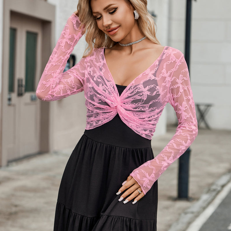 Pink floral lace crop cover-up with V-neck front knot and long sleeves