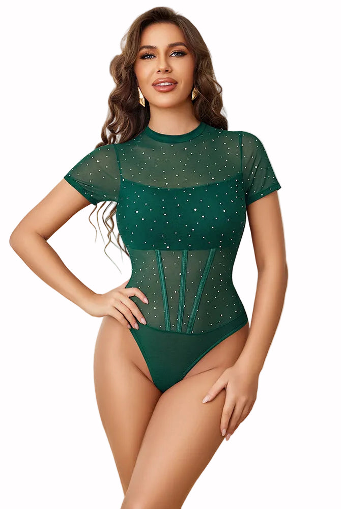 Mock neck sheer mesh rhinestone bodysuit, dark green, short sleeves