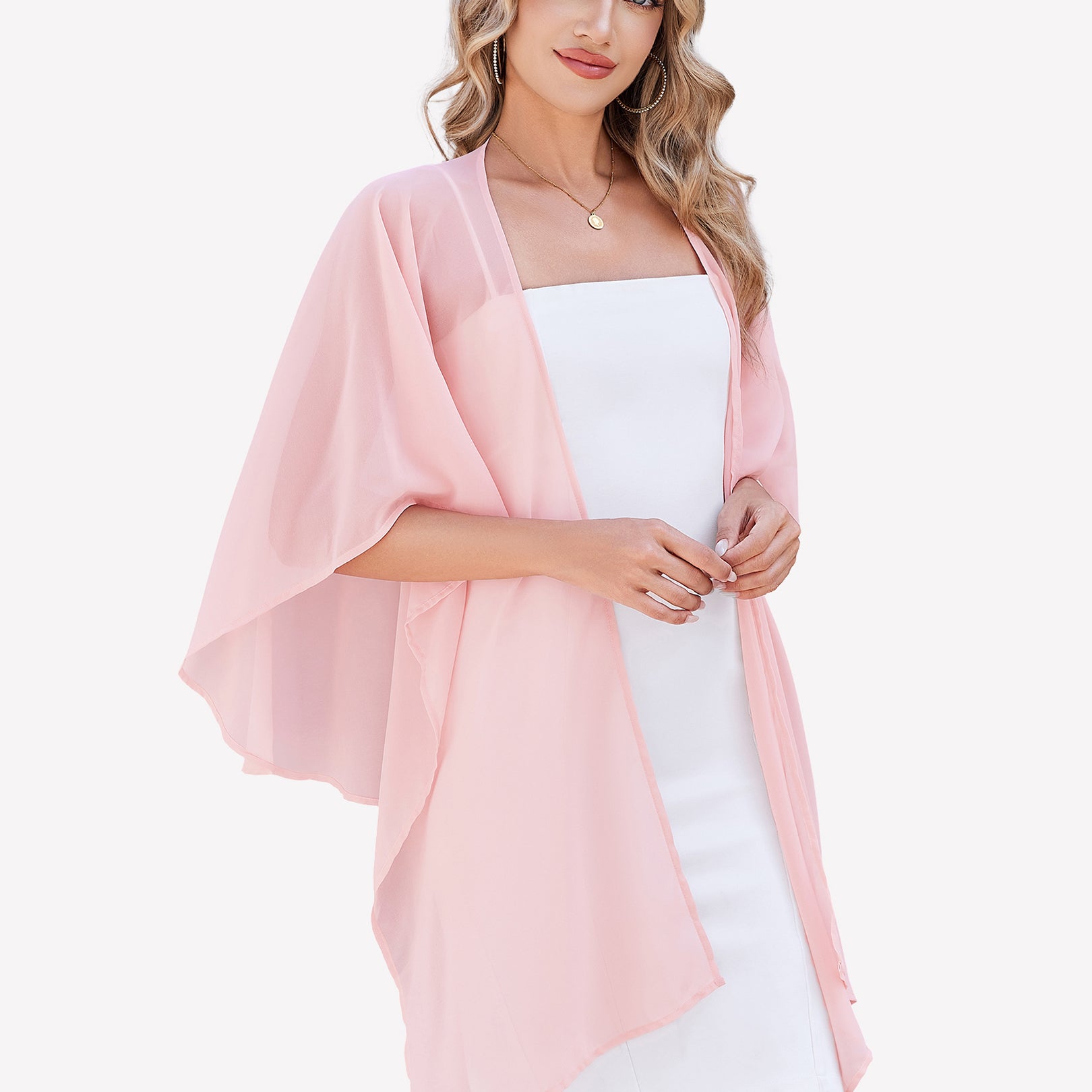 Sheer chiffon shawl wrap in light pink with flowing side drape