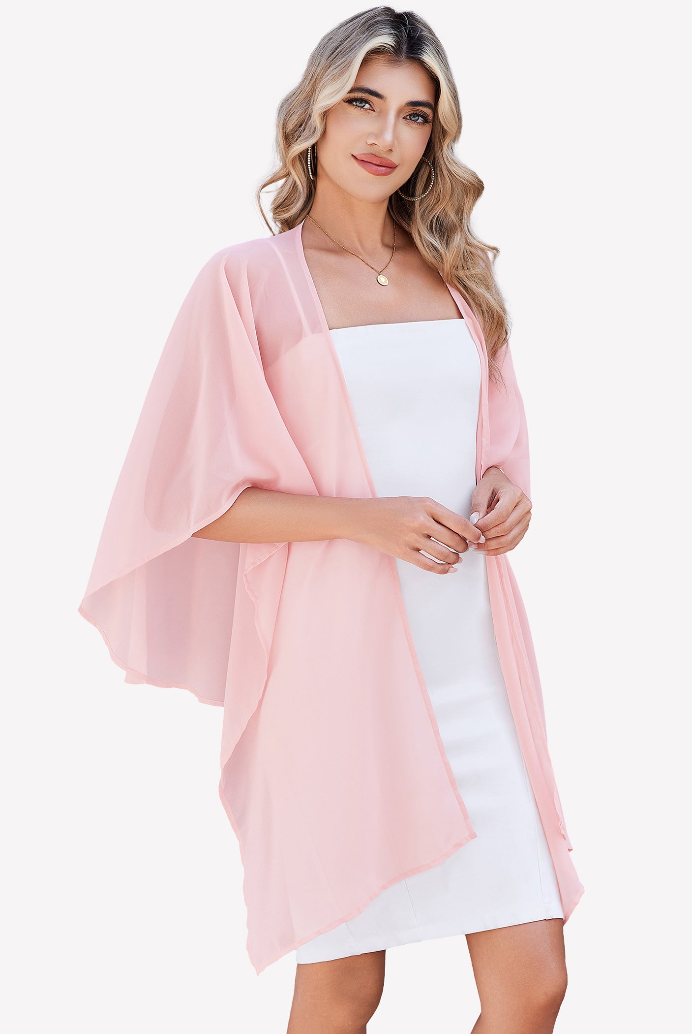 Sheer chiffon shawl wrap in light pink with flowing side drape