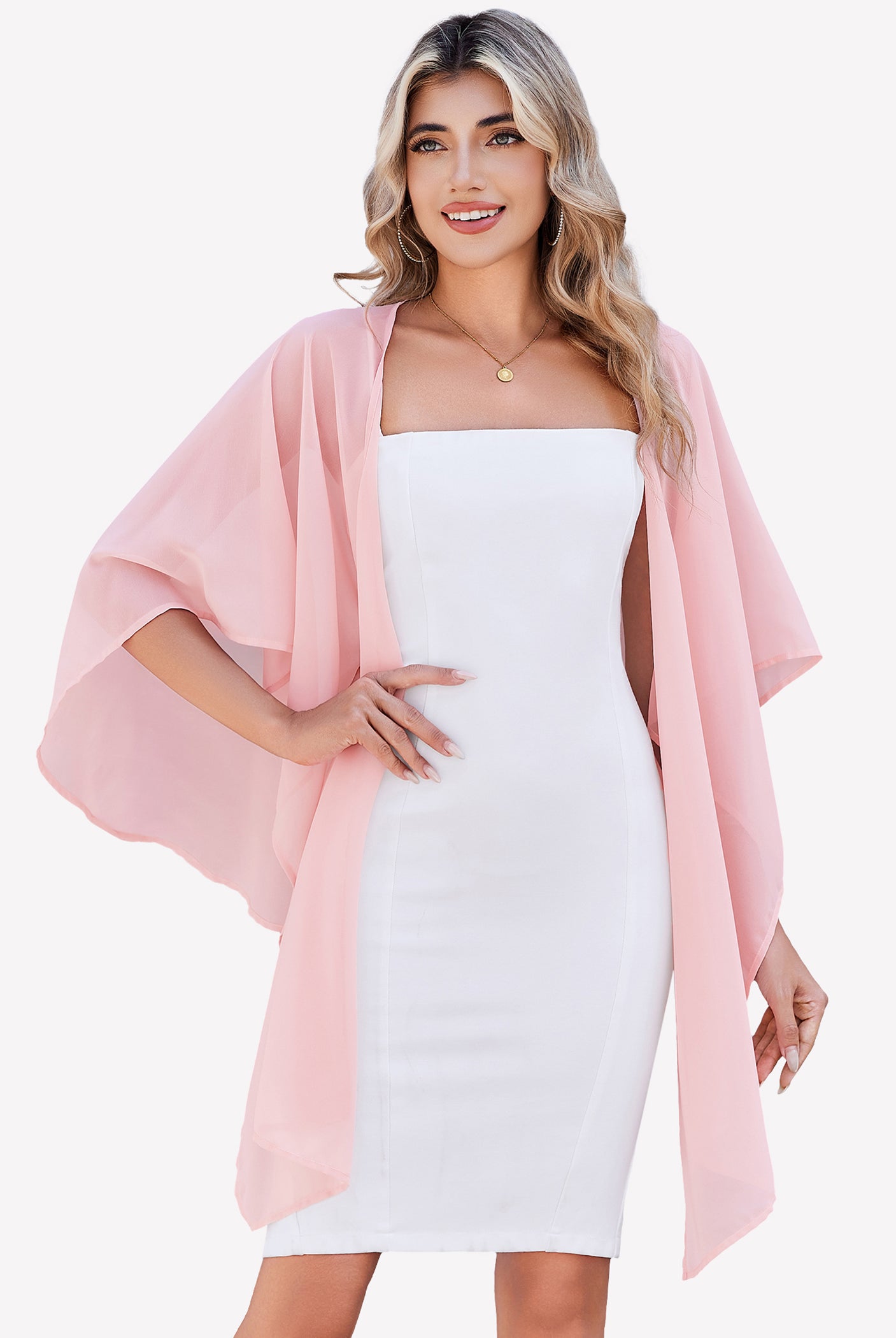 Sheer chiffon shawl wrap in light pink with draped open front