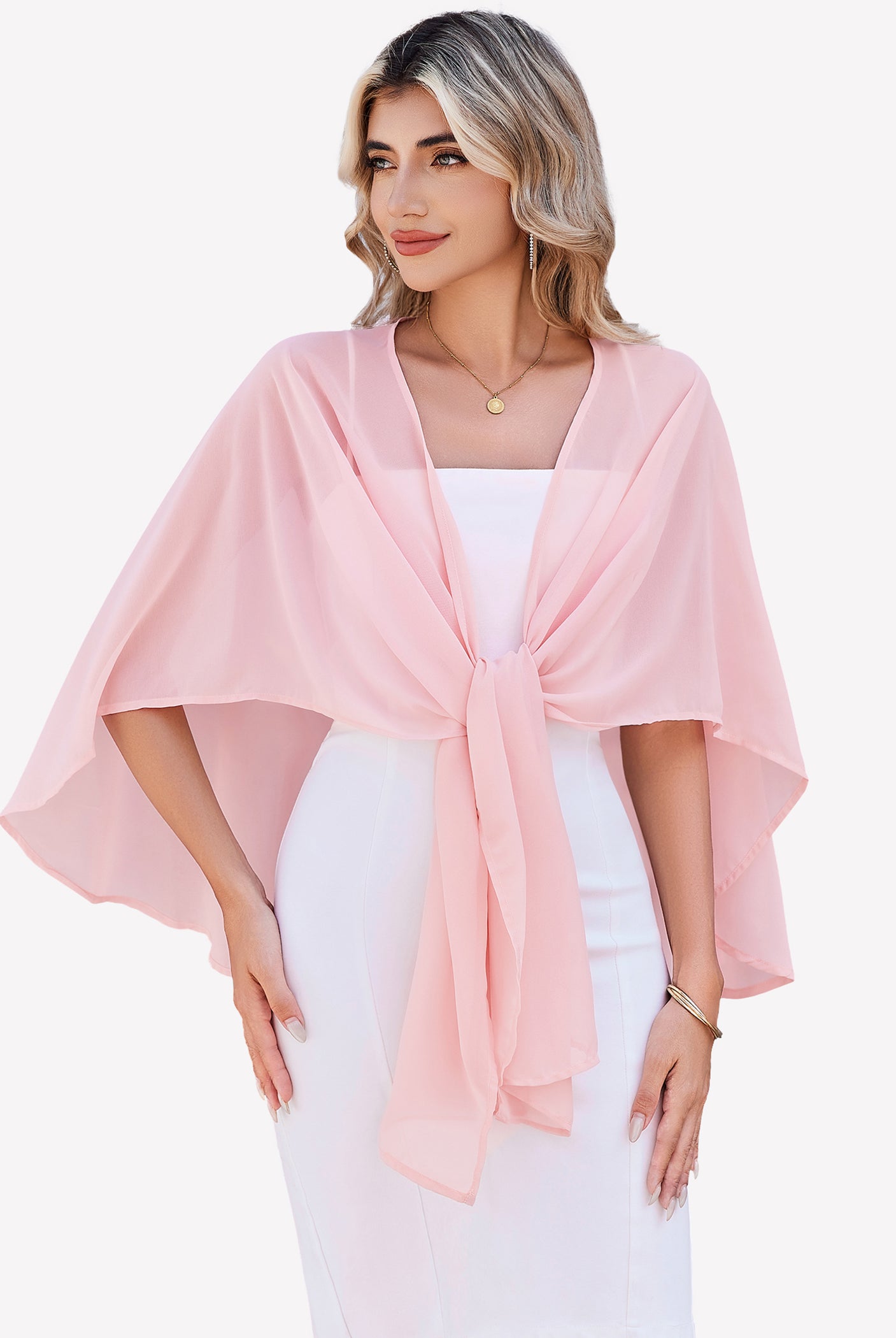 Sheer chiffon shawl wrap in light pink, tied at the front