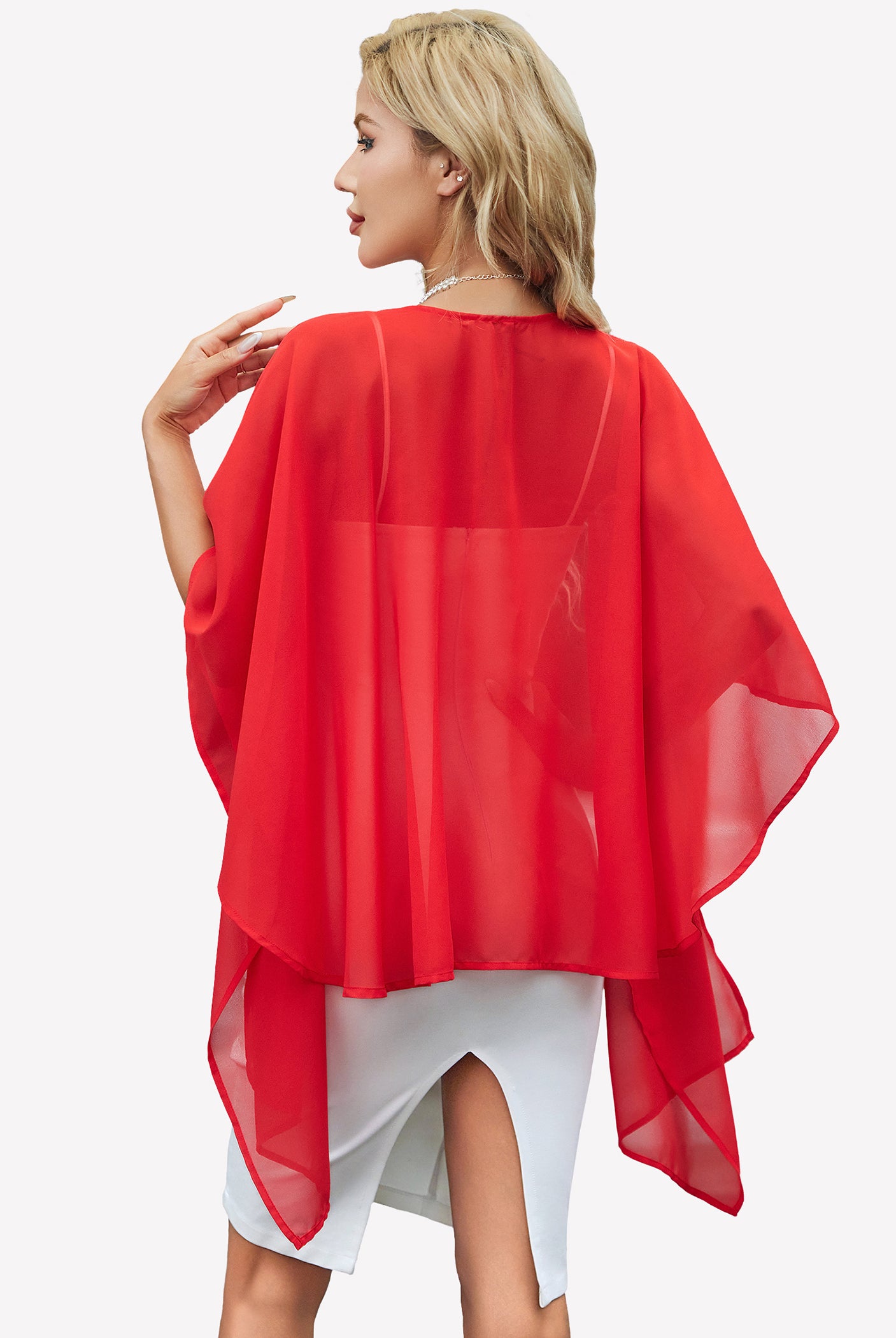 Sheer chiffon shawl wrap in red with flowing back panels