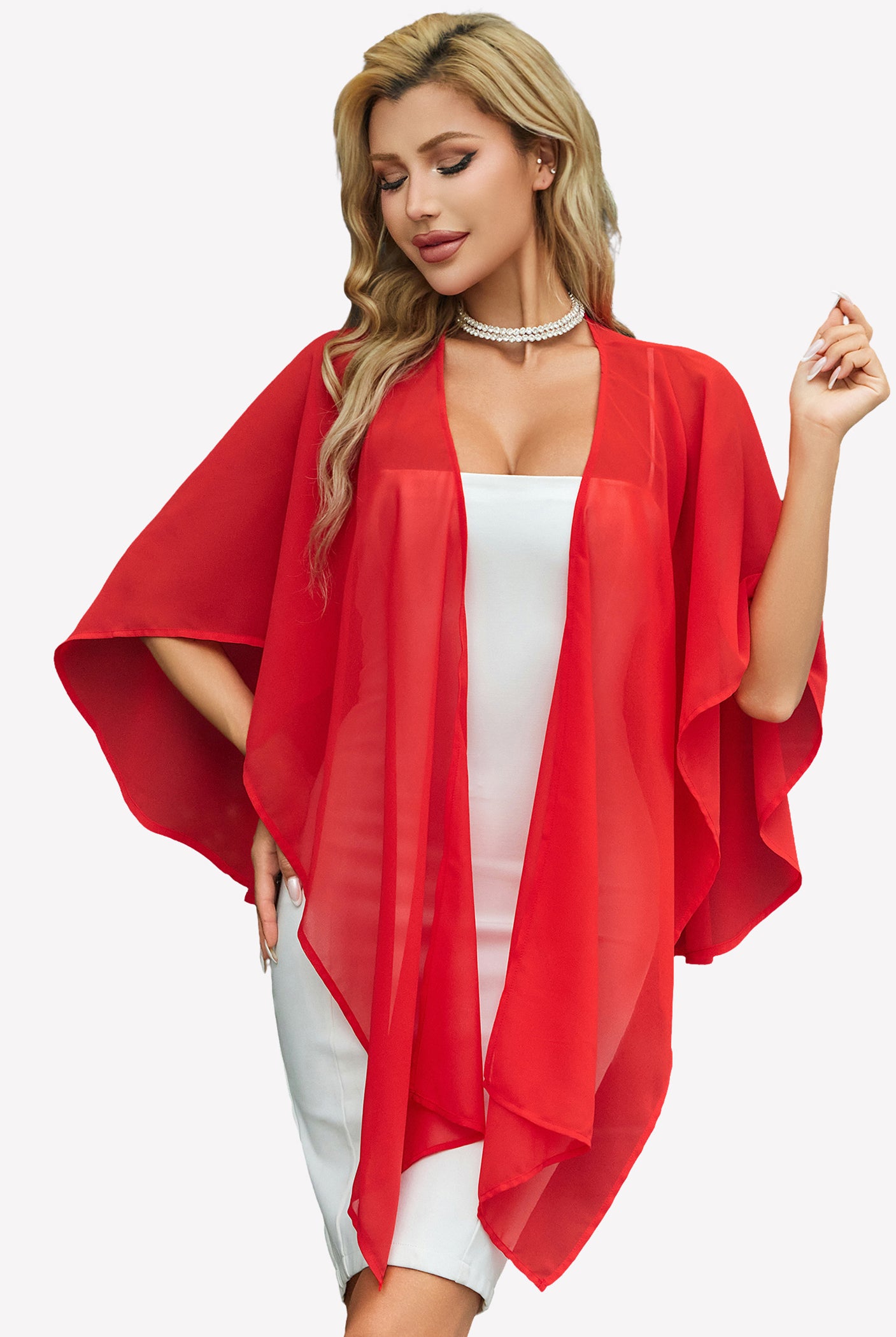Sheer chiffon shawl wrap in red with front drape and layered folds