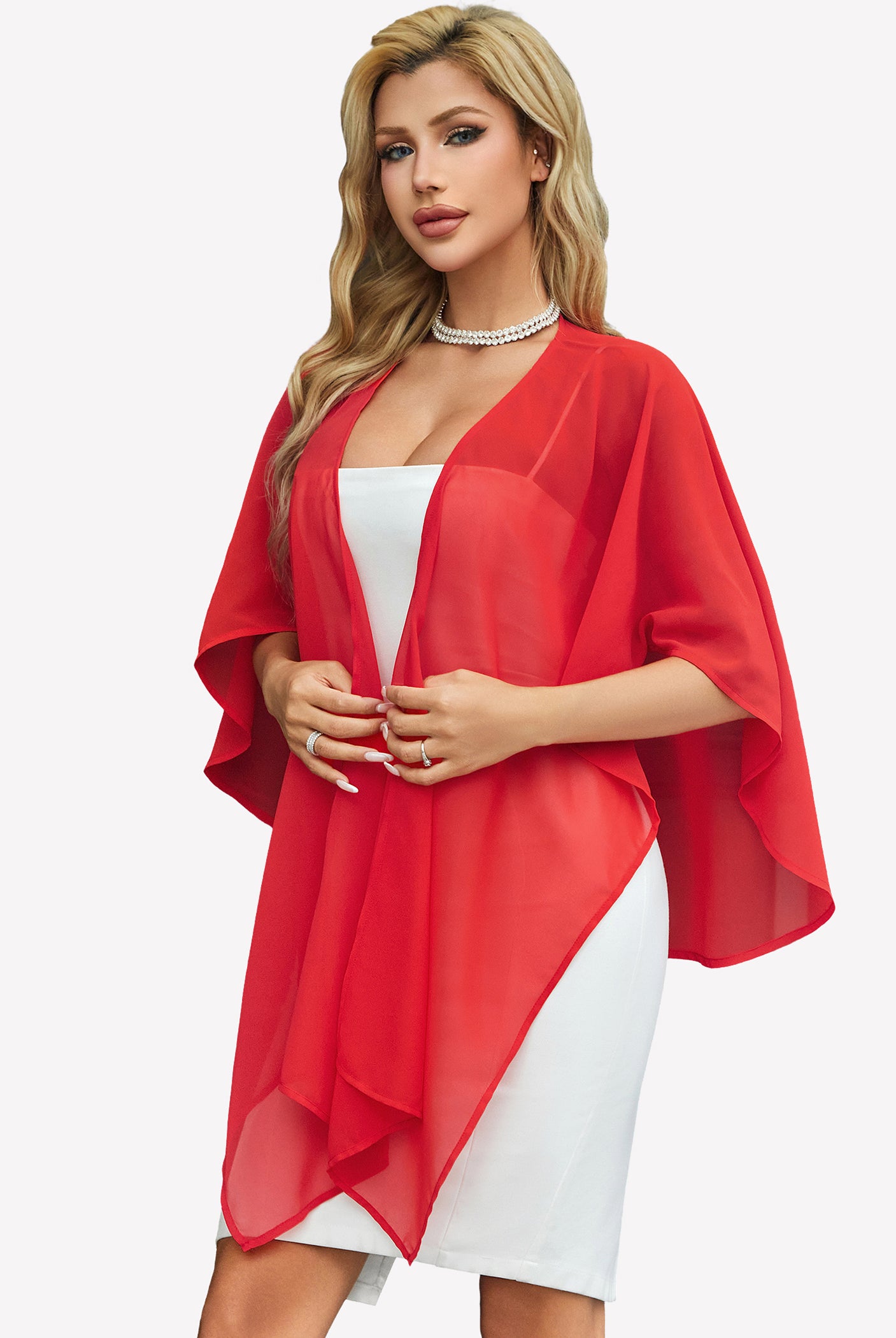 Sheer chiffon shawl wrap in red with shoulder drape and open center
