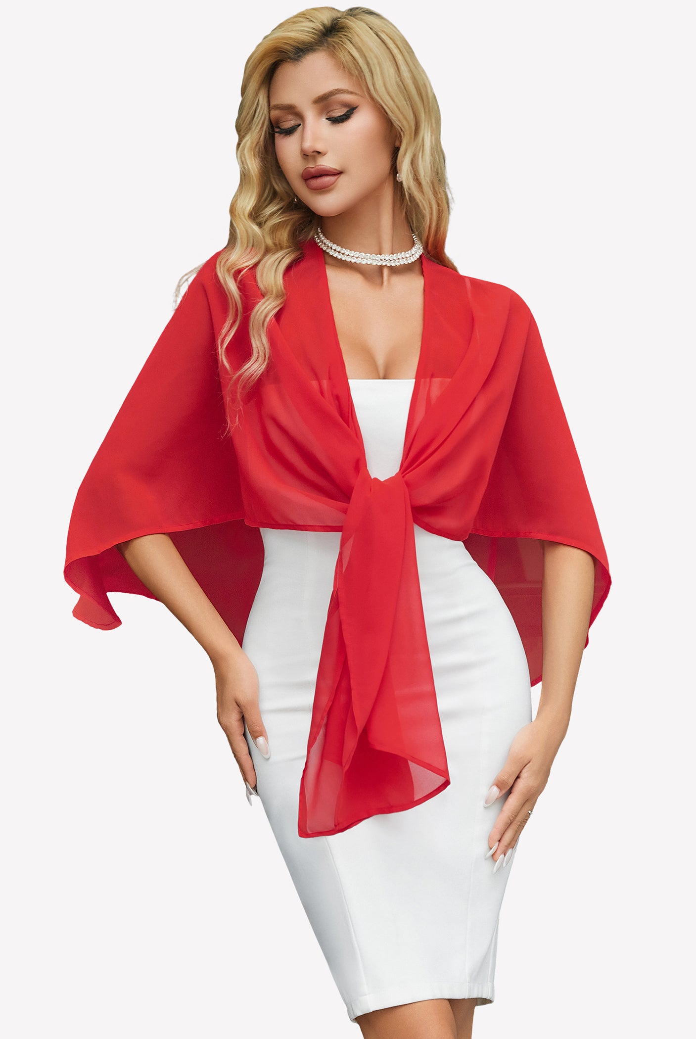 Sheer chiffon shawl wrap in red, knotted at the front