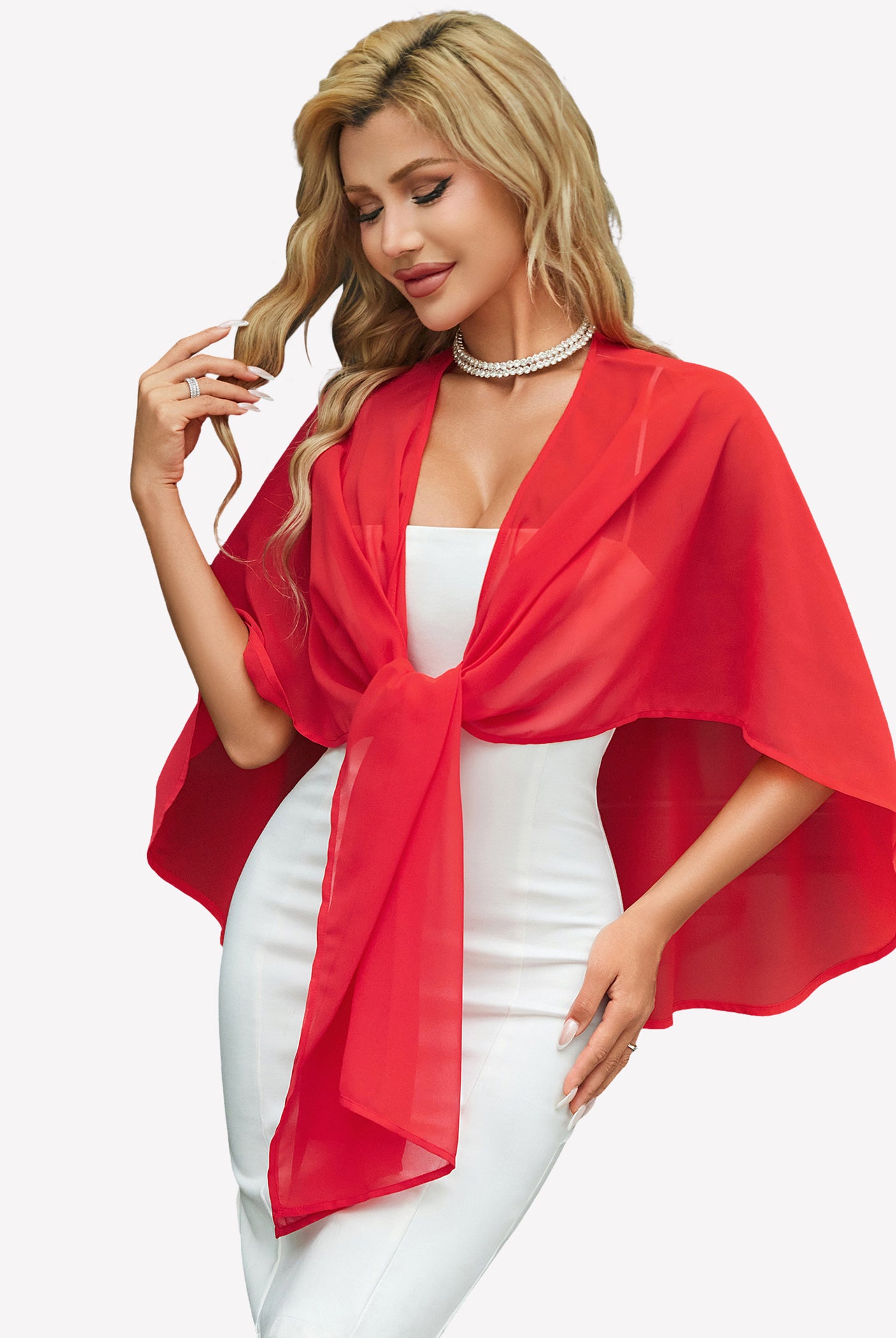 Sheer chiffon shawl wrap in red with front tie and cascading ends