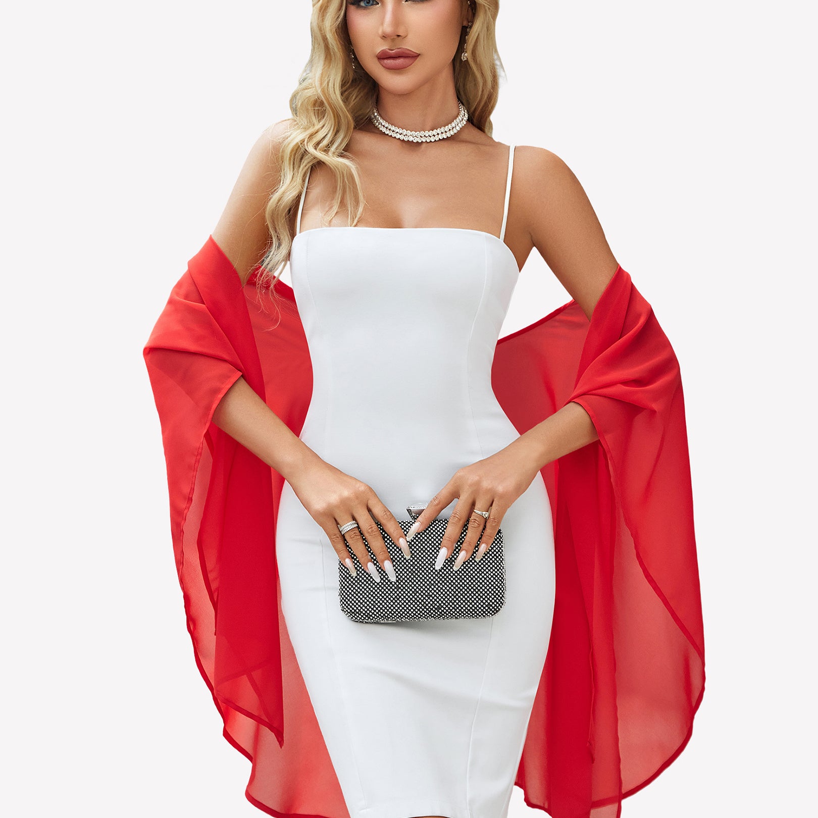 Sheer chiffon shawl wrap in red with wide draped panels