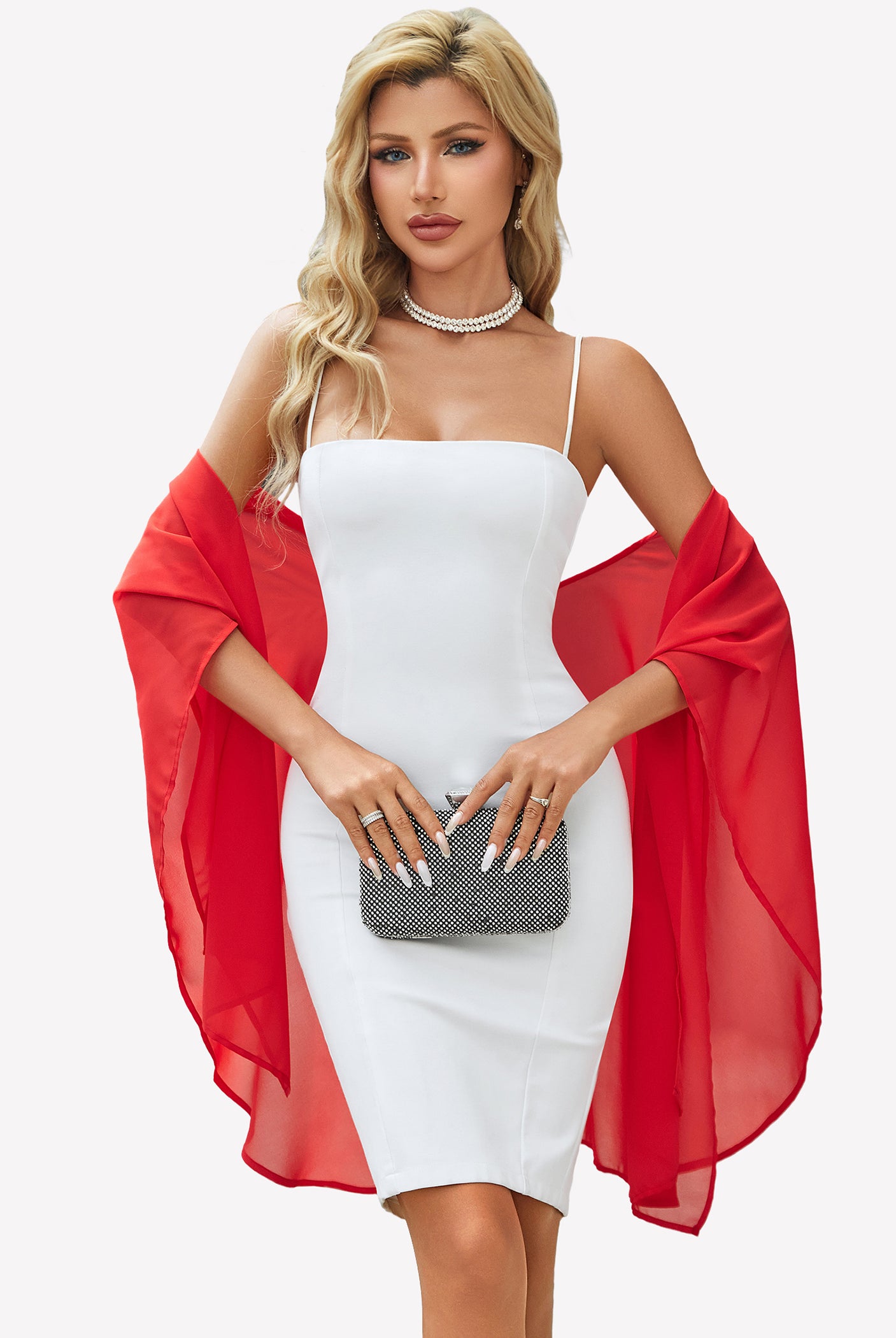 Sheer chiffon shawl wrap in red with wide draped panels
