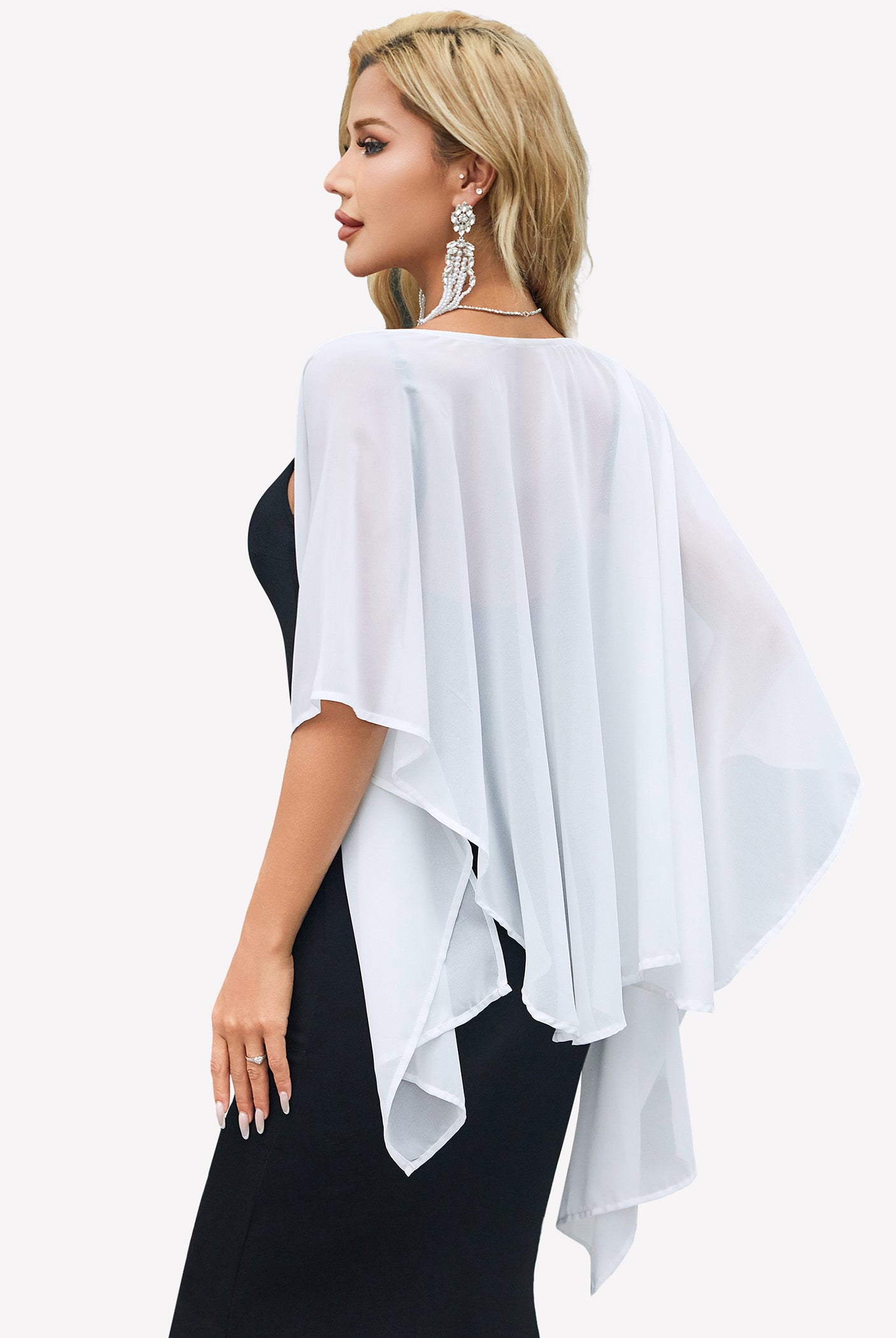 Light blue sheer chiffon shawl wrap draped in back with cascading folds