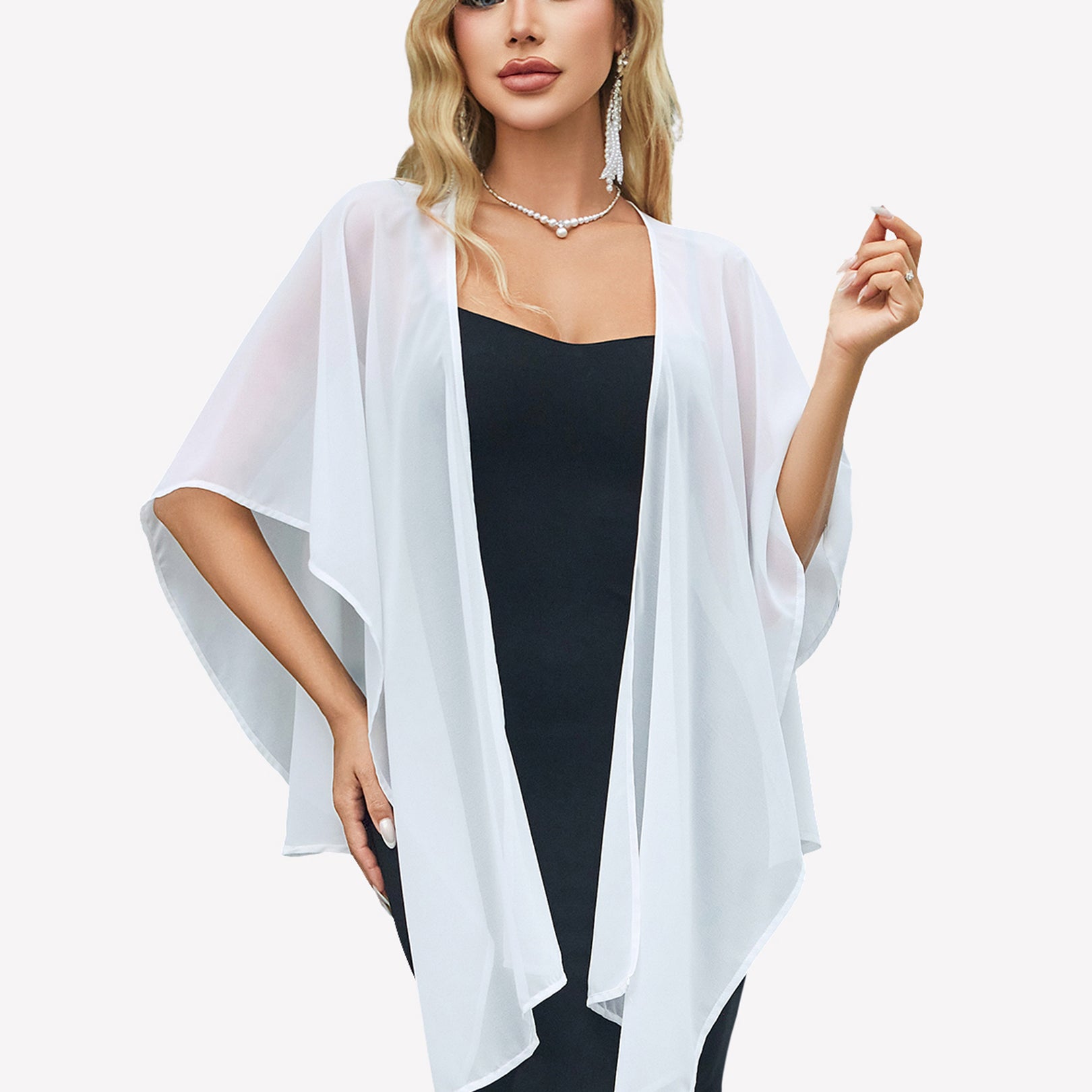 Light blue sheer chiffon shawl wrap draped over shoulders, with pointed ends