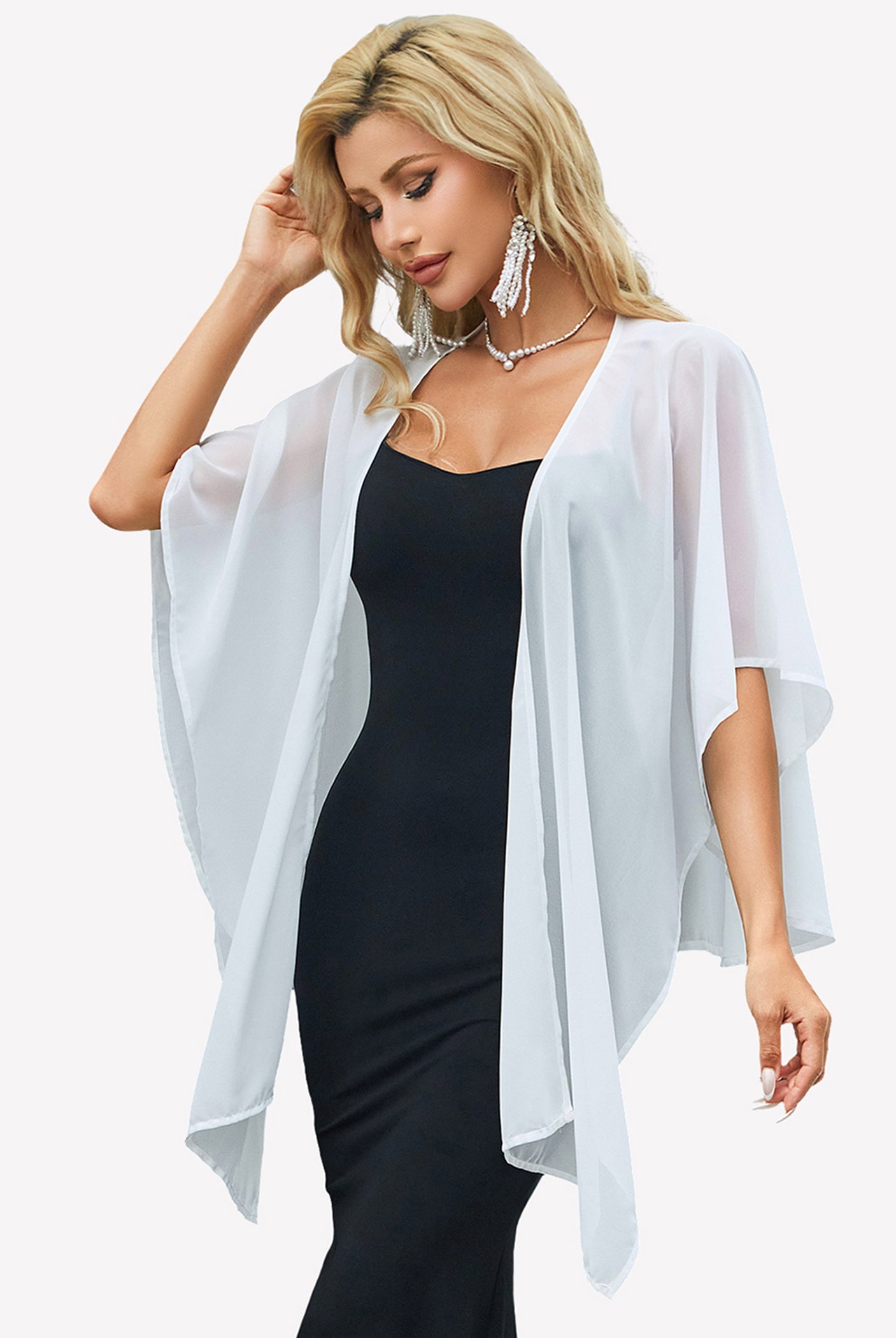 Light blue sheer chiffon shawl wrap with open front and flowing side panels