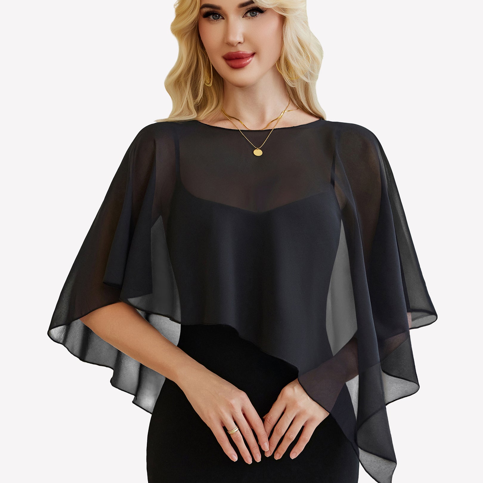 Sheer chiffon capelet with batwing sleeves, black wrap overlay