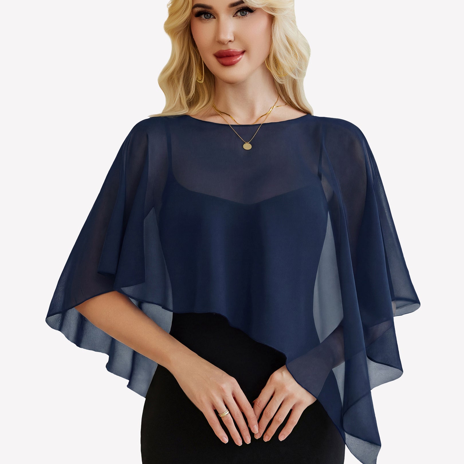 Sheer chiffon capelet with batwing sleeves, deep navy wrap overlay