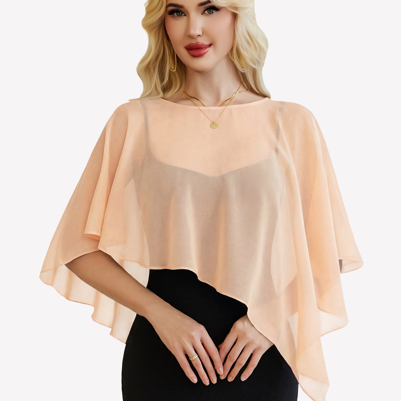 Sheer chiffon capelet with batwing sleeves, champagne-beige wrap overlay