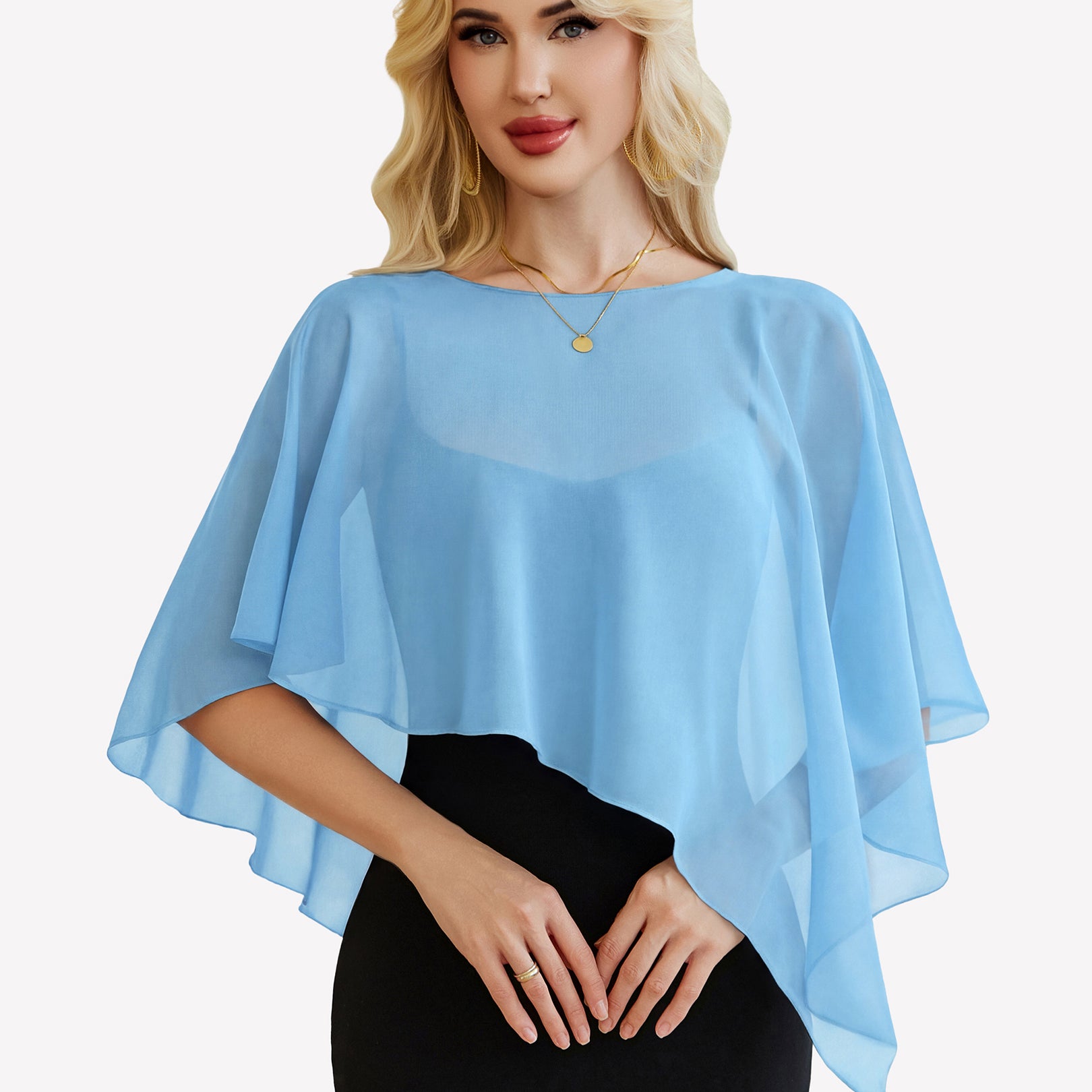Sheer chiffon capelet with batwing sleeves, light blue wrap overlay