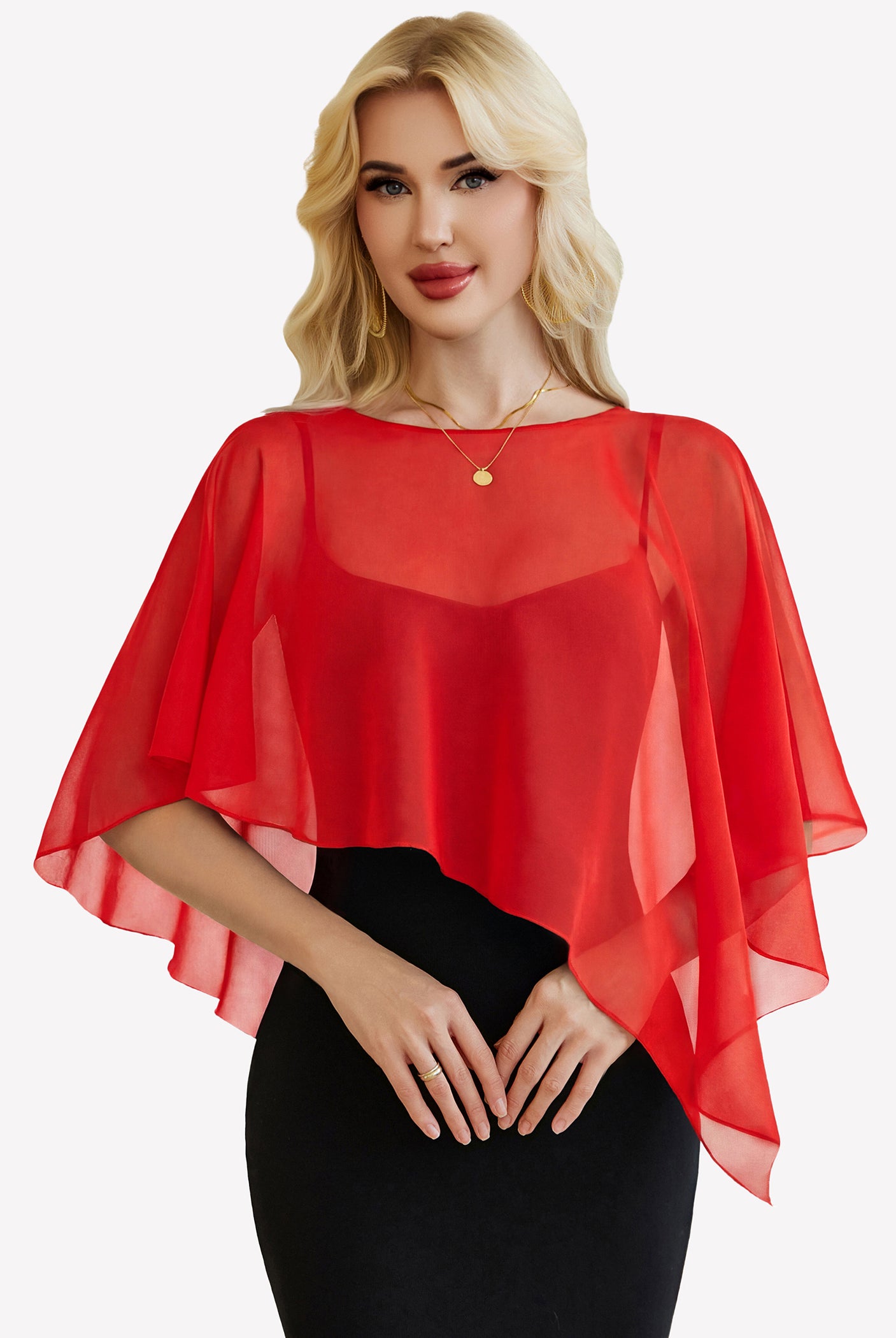 Sheer chiffon capelet with batwing sleeves, red wrap overlay