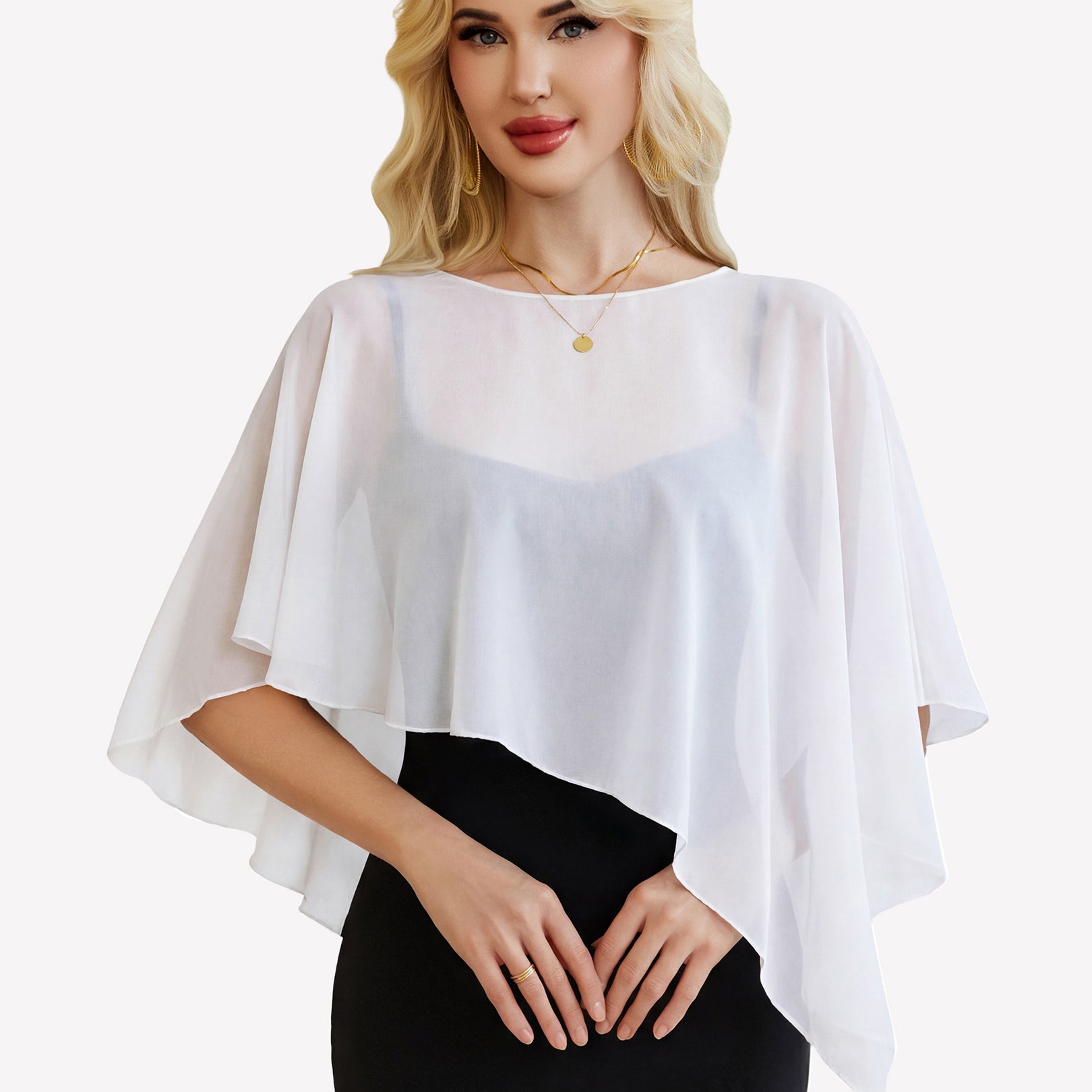 Sheer chiffon capelet with batwing sleeves, white wrap overlay