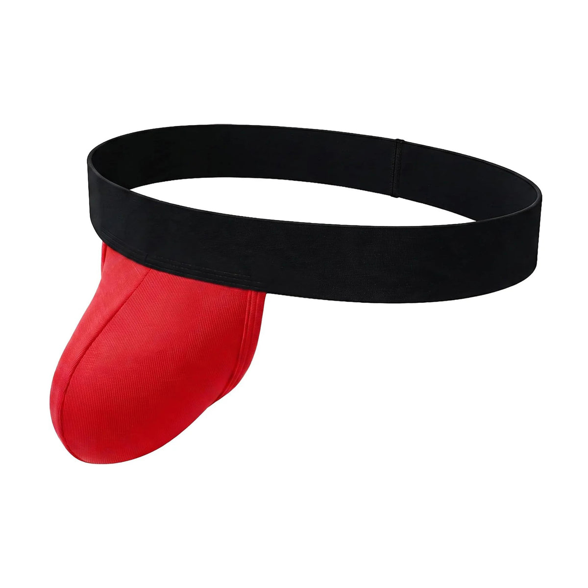 Men's dual-pouch jockstrap: black wide waistband, red pouch, open back thong style.