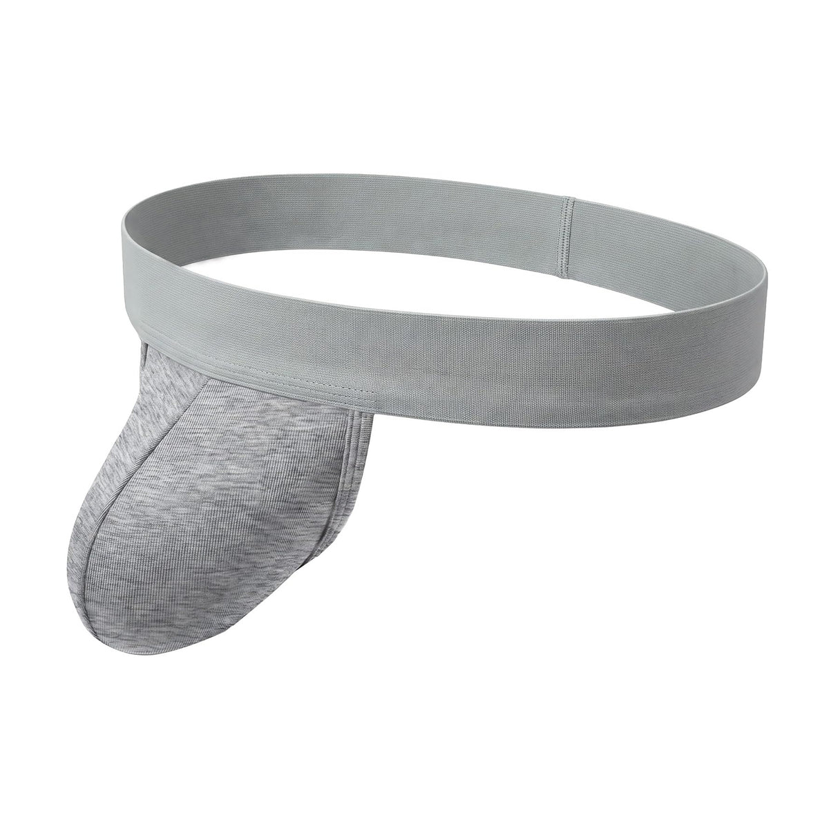 Men's dual-pouch jockstrap: light gray wide waistband, heather gray pouch, open back.