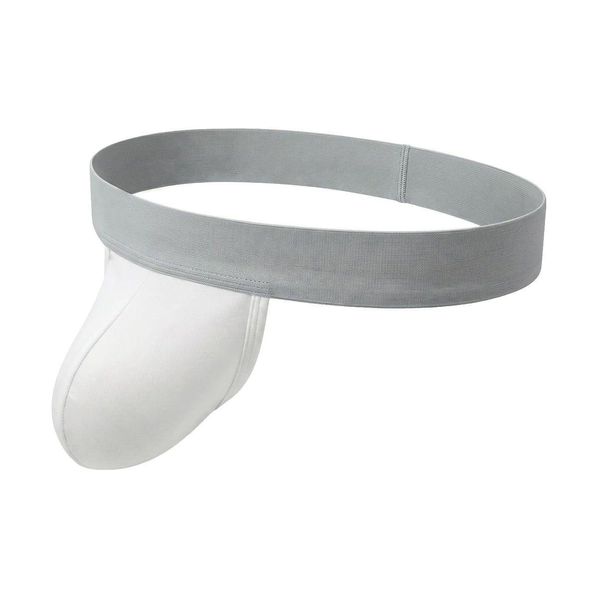 Men's dual-pouch jockstrap: light gray wide waistband, white pouch, open back thong style.