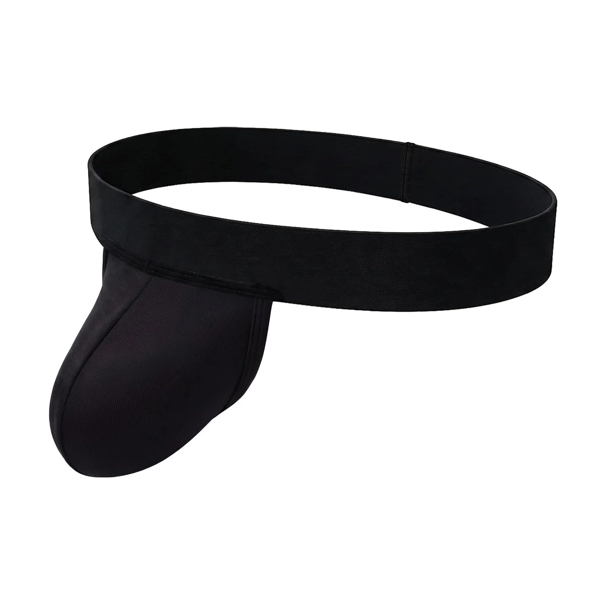 Men's dual-pouch jockstrap: black wide waistband, dark pouch, open back thong style.