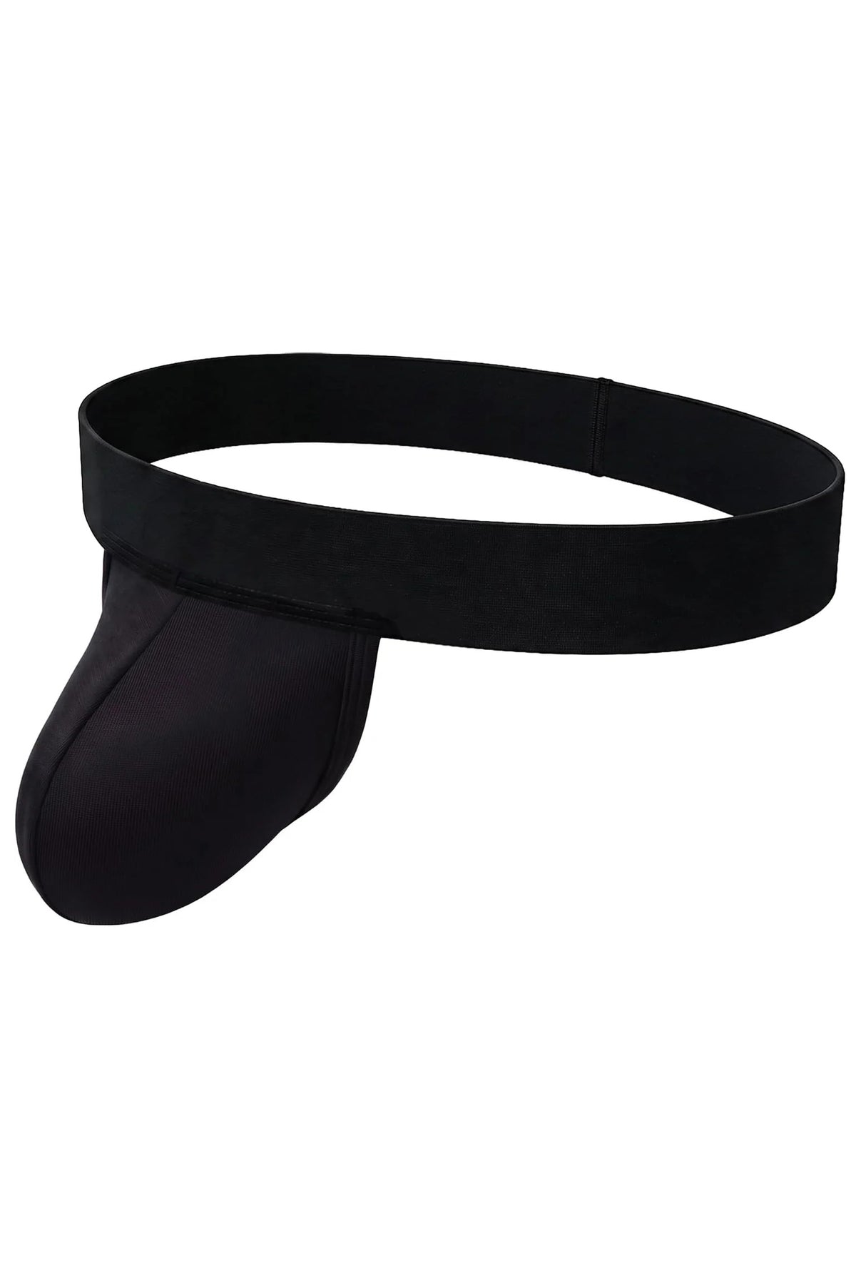 Men's dual-pouch jockstrap: black wide waistband, dark pouch, open back thong style.