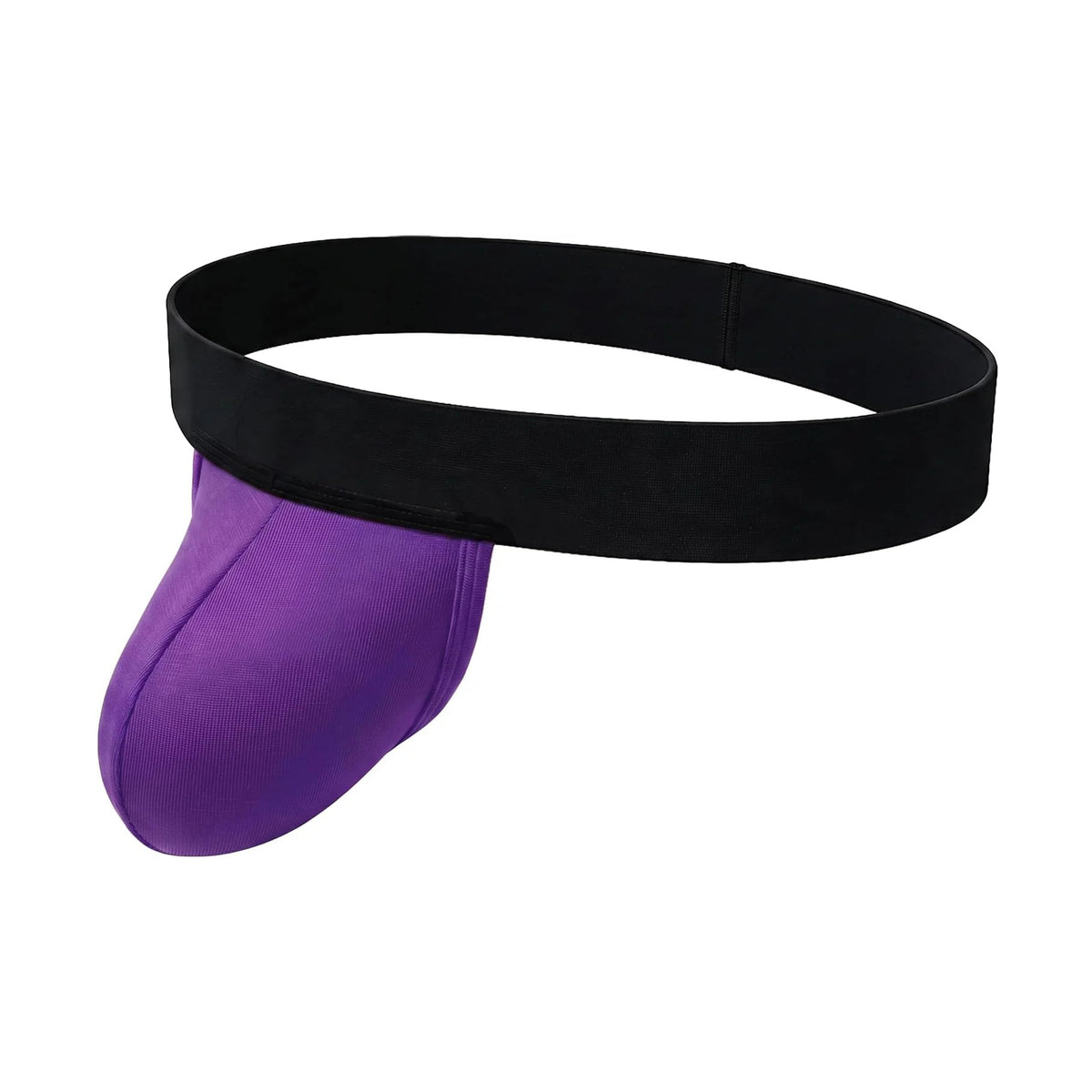 Men's dual-pouch jockstrap: black wide waistband, purple pouch, open back thong style.