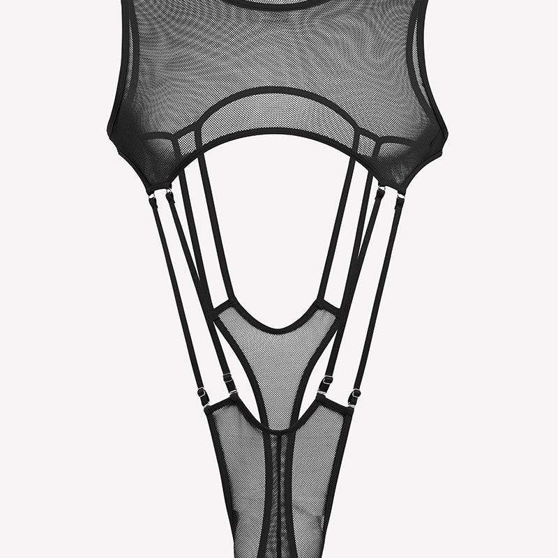 Black sheer fishnet bodysuit with high-cut legs, sleeveless mesh, front cutout