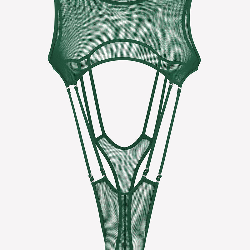 Green sheer fishnet bodysuit with high-cut legs, sleeveless mesh, front cutout