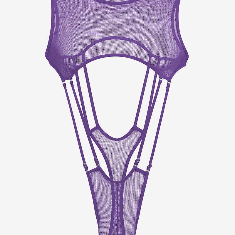 Purple sheer fishnet bodysuit with high-cut legs, sleeveless mesh, front cutout