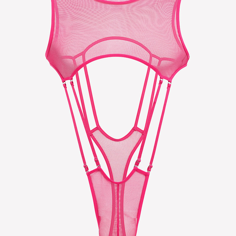 Rose red sheer fishnet bodysuit with high-cut legs, sleeveless mesh, front cutout