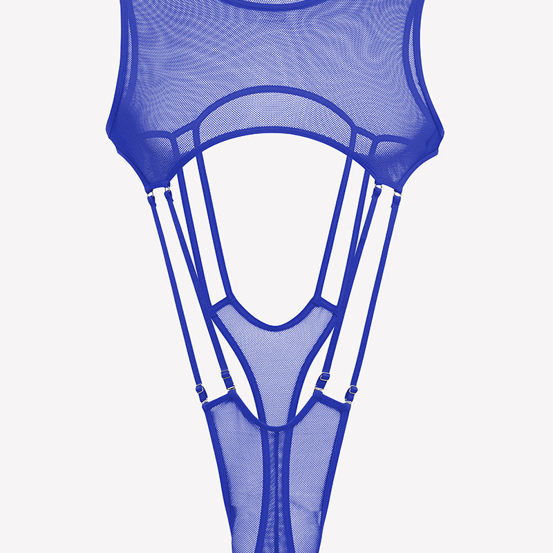 Blue sheer fishnet bodysuit with high-cut legs, sleeveless mesh, front cutout