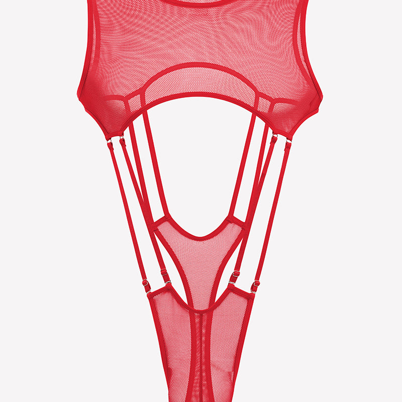 Red sheer fishnet bodysuit with high-cut legs, sleeveless mesh, front cutout