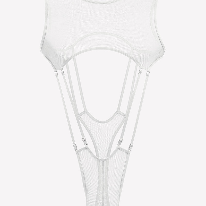 Men's high cut fishnet bodysuit, white sheer mesh with cutout front
