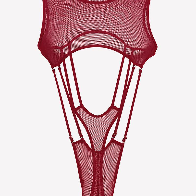 Wine red sheer fishnet bodysuit with high-cut legs, sleeveless mesh, front cutout