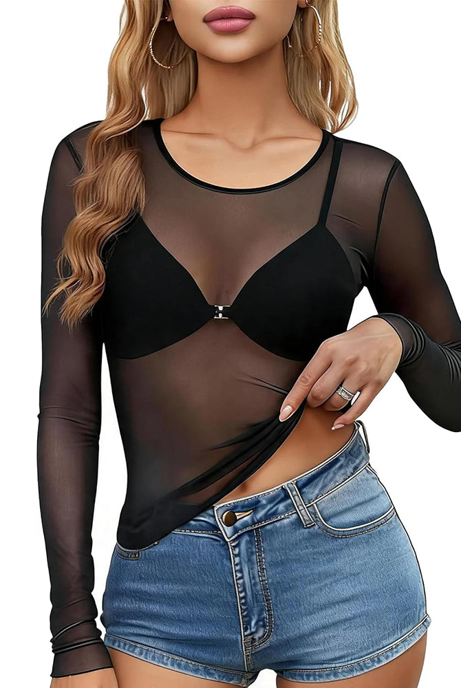 Black sheer mesh long-sleeve top with crew neck, slim fit, see-through fabric