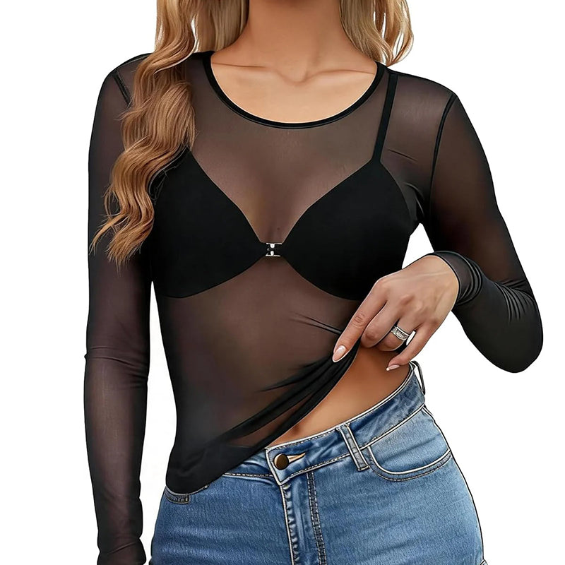 Black sheer mesh long-sleeve top with crew neck, slim fit, see-through fabric