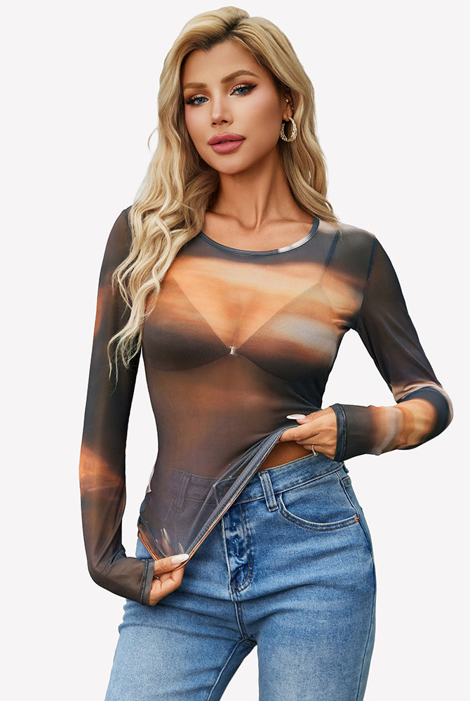 Gradient brown sheer long sleeve top, crew neck, slim fit.