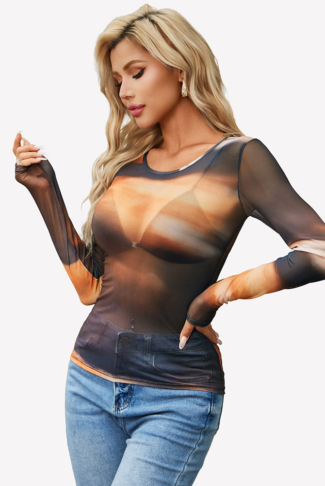 Gradient brown sheer long sleeve top, crew neck, slim fit, angled view.