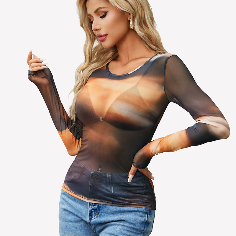 Gradient brown sheer long sleeve top, crew neck, slim fit, angled view.
