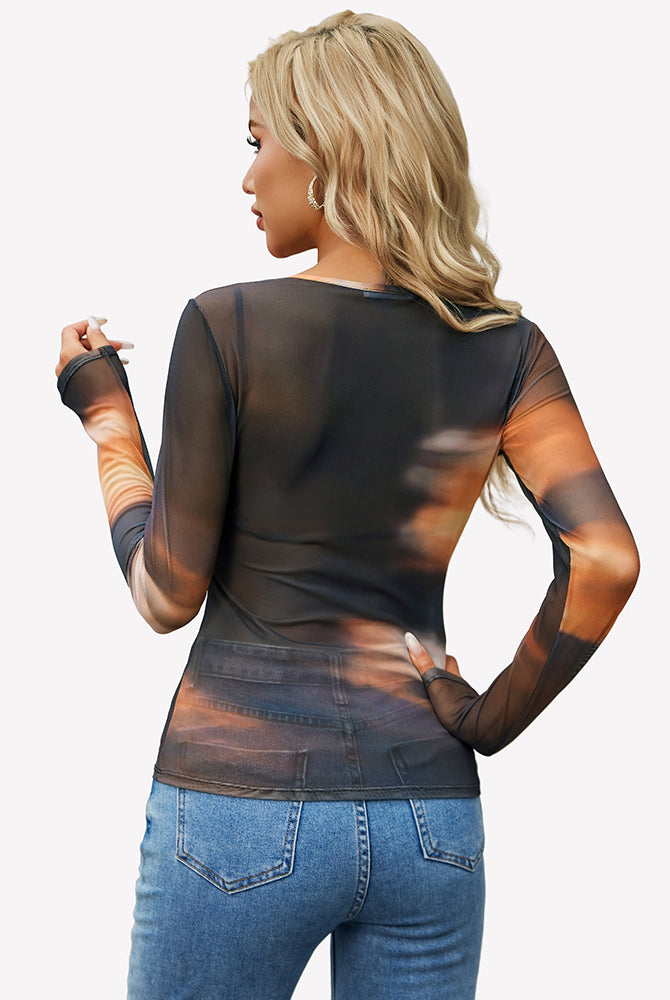 Gradient brown sheer long sleeve top, crew neck, slim fit, back view.