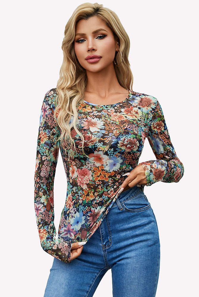 Multicolor floral sheer mesh long-sleeve top with crew neck, slim fit, see-through