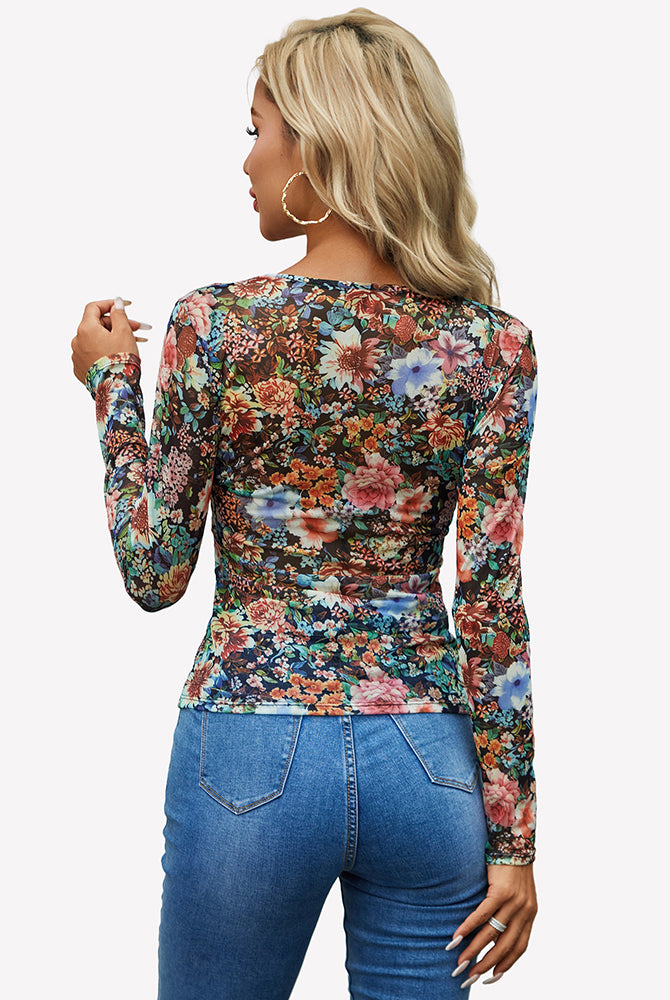 Multicolor floral sheer mesh long-sleeve top with crew neck, slim fit, back view