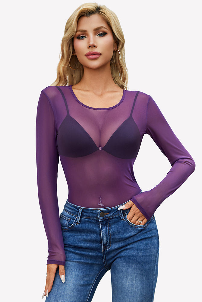 Purple sheer mesh long-sleeve top with crew neck, slim fit, see-through fabric