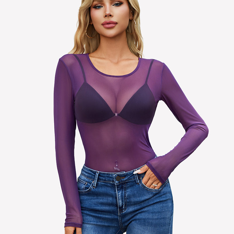 Purple sheer mesh long-sleeve top with crew neck, slim fit, see-through fabric