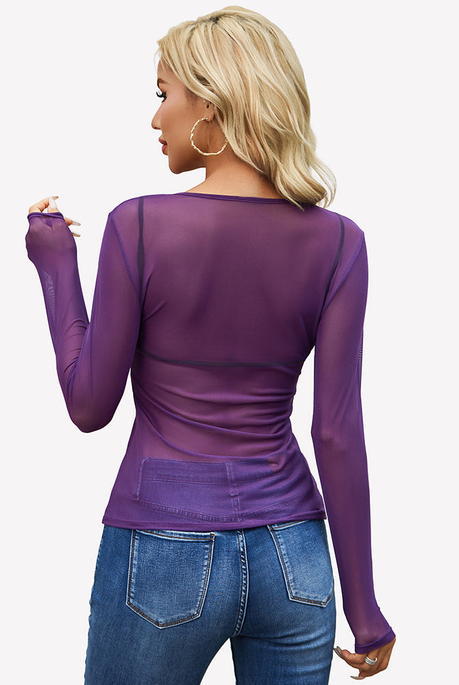 Purple sheer mesh long-sleeve top with crew neck, slim fit, back view